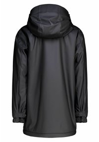 Musta vedenpitävä takki hupulla. Sileä rakenne, joustavat hihansuut ja napituskoristeet hihoissa. Yksinkertainen, toiminnallinen muotoilu.