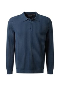 Marineblaues Langarm-Polohemd mit gerippter Textur, drei Knöpfen und kontrastierendem Kragen; mit geradem Saum und subtiler Markenkennzeichnung.