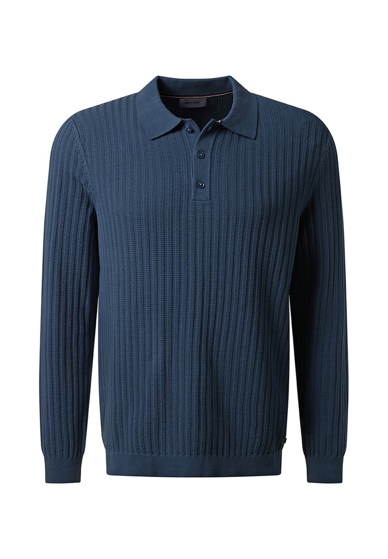 Marineblaues Langarm-Polohemd mit gerippter Textur, drei Knöpfen und kontrastierendem Kragen; mit geradem Saum und subtiler Markenkennzeichnung.