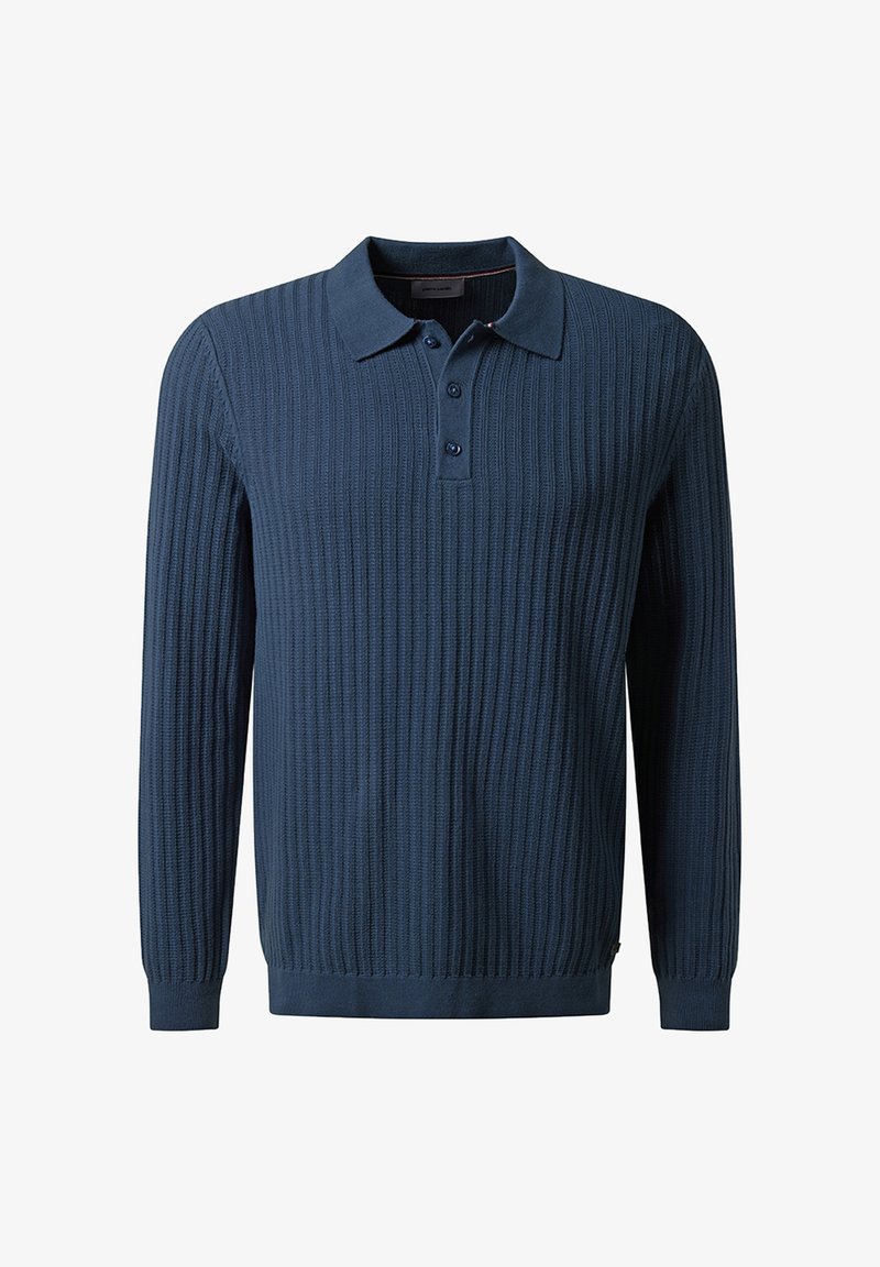 Middendonk blauw polo met lange mouwen, ribbelstructuur, drie-knopen sluiting en contrasterende kraag; met een rechte zoom en subtiele branding.