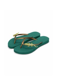 Teal rubber flip flops with textured soles, bronze straps featuring lizard accents, embellished with green crystals and metallic details.