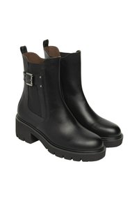 Stivaletti neri in pelle con suole spesse, pannelli elastici laterali e fasce decorative con fibbia, progettati per un abbigliamento casual o semi-formale.