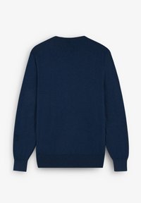Maglione a maglia blu navy con collo a giro, maniche lunghe a raglan e polsini e fondo a coste. Texture liscia senza pattern visibili.