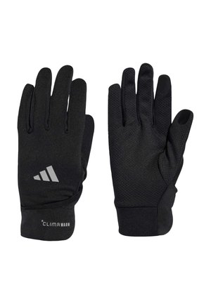 Black thermal gloves made from textured material with a snug fit, featuring a reflective logo and elastic cuffs for secure wear.