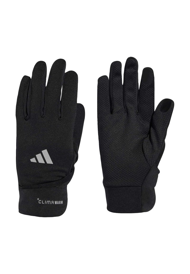 Black thermal gloves made from textured material with a snug fit, featuring a reflective logo and elastic cuffs for secure wear.