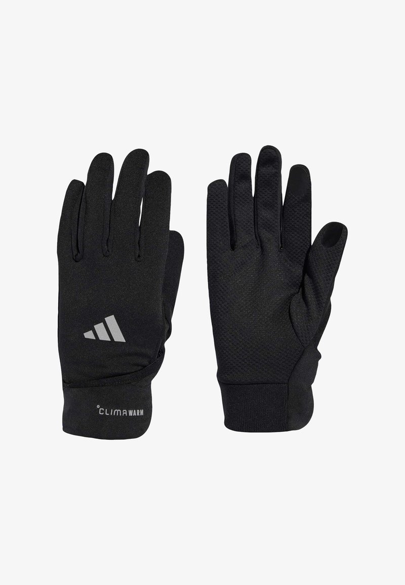 Black thermal gloves made from textured material with a snug fit, featuring a reflective logo and elastic cuffs for secure wear.