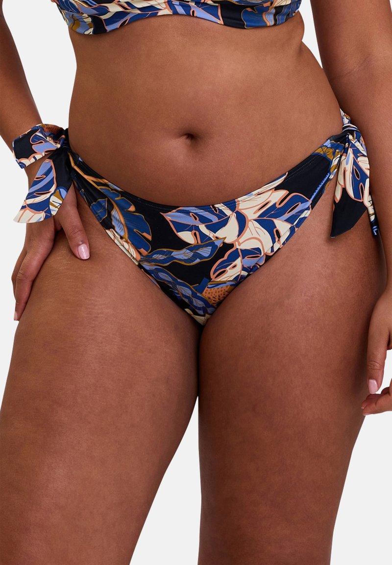 Culottes de bikini à motifs avec une base noire ornée de motifs floraux colorés, liens sur les côtés, et une texture douce et lisse.