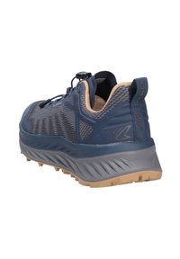 Blaue und graue Sportschuhe mit einem Obermaterial aus Netzgewebe, strukturierten Details, einer robusten Sohle und einem schnellen Schnürsystem für einen sicheren Sitz.