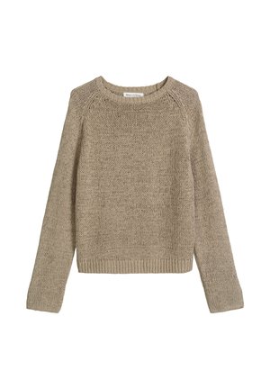 Beige gebreide trui met lange mouwen en een ronde hals, met geribbelde boorden en zoom, gemaakt van grof garen voor een gezellige textuur.