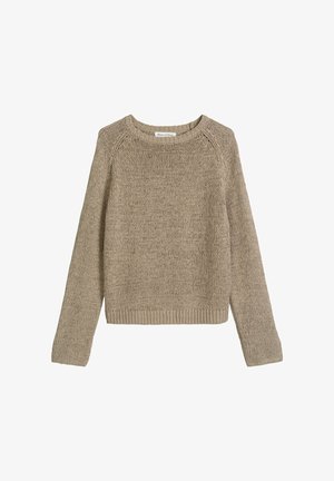 Beiger, gestrickter Pullover mit Rundhalsausschnitt und langen Ärmeln, mit gerippten Bündchen und Saum, aus grobem Garn für eine gemütliche Textur.