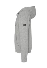 Grauer Kapuzenpullover aus weichem Stoff, mit einer Kängurutasche, gerippten Bündchen und einer verstellbaren Kapuze. Zeigt ein Logo-Patch am Ärmel.