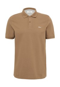 Polo shirt marron en tissu texturé, doté d'une patte de boutonnage à trois boutons et d'un petit logo brodé sur la poitrine gauche. Manches courtes.