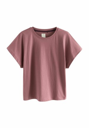 Pink cotton T-shirt with a round neckline and short, wide sleeves. Features a relaxed fit and soft, smooth texture.