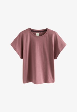 Roze katoenen T-shirt met een ronde halslijn en korte, brede mouwen. Heeft een relaxte pasvorm en een zachte, gladde textuur.