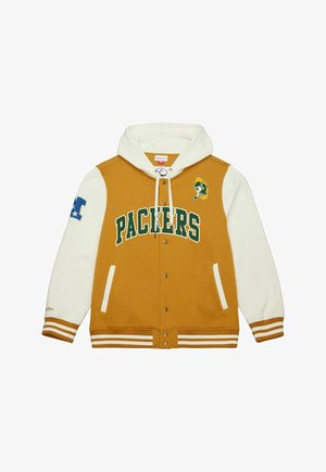 Goldene und weiße Kapuzen-Collegejacke mit grünem "PACKERS"-Schriftzug, seitlichen Taschen und weißen Streifenakzenten an den Ärmeln.