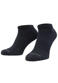 Czarne skarpetki do kostek wykonane z miękkiego materiału, z prążkowanym mankietem i teksturowanym ciałem. Klasyczny fason, idealny do codziennego noszenia.