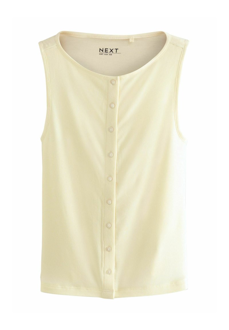 Light yellow sleeveless top made of ribbed fabric, featuring a round neckline and a row of six buttons down the front.