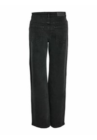Jean noir droit vu de dos avec deux poches arrière et des passants de ceinture à la taille.