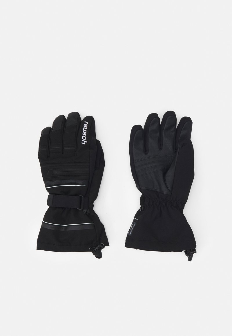 Zwarte geïsoleerde handschoenen met een gestructureerde grip, voorzien van een verstelbare band, elastische manchetten en reflecterende accenten voor zichtbaarheid.