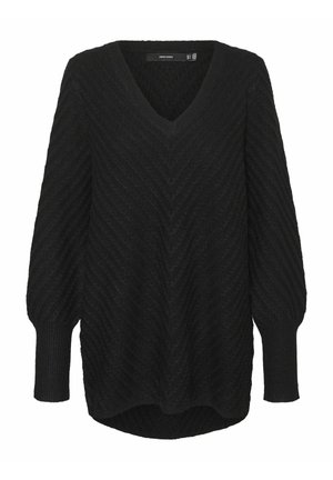 Schwarzer Strickpullover mit V-Ausschnitt, der ein Zickzackmuster, Ballonärmel und einen leicht verlängerten hinteren Saum aufweist. Weicher Stoff.