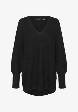 Schwarzer Strickpullover mit V-Ausschnitt, der ein Zickzackmuster, Ballonärmel und einen leicht verlängerten hinteren Saum aufweist. Weicher Stoff.