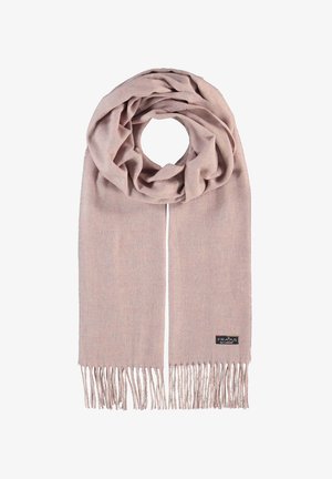 Écharpe rose clair en tissu doux, présentant une texture lisse et des bords à franges. Une petite étiquette noire avec du texte blanc est visible.