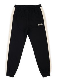 Pantalones de chándal negros con franjas laterales beige, cinturilla elástica y puños. Cuenta con el logo "PEGADOR" bordado en la parte delantera.