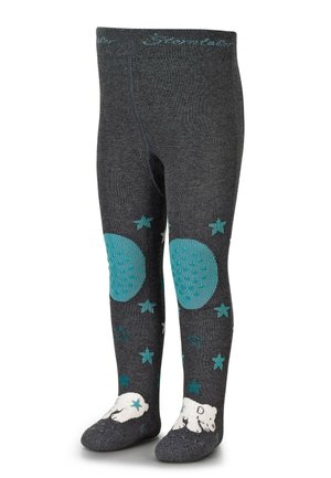 Graue Kindertights mit türkisfarbenen Sternen- und Mondmustern sowie weißen Eisbärmotiven an den Füßen. Weicher, strukturierten Stoff.