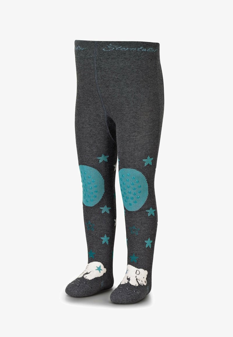Graue Kindertights mit türkisfarbenen Sternen- und Mondmustern sowie weißen Eisbärmotiven an den Füßen. Weicher, strukturierten Stoff.