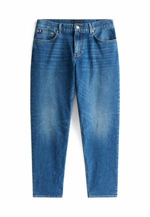Jean en denim bleu avec une coupe droite, cinq poches et une fermeture éclair. Présente un léger délavage et des coutures contrastées.
