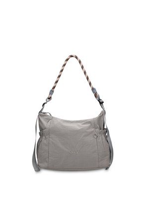 Borsa a tracolla grigia con motivo a quadri, tracolle regolabili, tasche laterali e logo GMV al centro frontale.