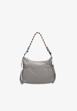 Grijze schoudertas met geruit patroon, verstelbare riemen, zijvakken en GMV-logo in het midden aan de voorkant.