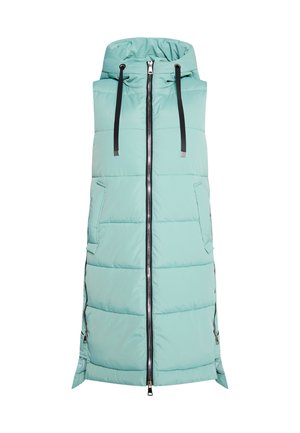 Gewatteerde mouwloze vest in licht muntgroen met een capuchon, frontale rits en zwarte accentkoorden. Beschikt over twee zijzakken en een moderne snit.