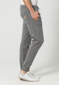 Pantalones jogger de forro polar gris con corte entallado, cintura elástica y bolsillos, con logotipos de la marca en colores en la parte superior del muslo y el bolsillo trasero.