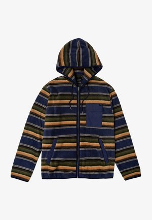 Veste à capuche zippée avec rayures horizontales en bleu marine, vert, orange et beige, avec poches et bordures bleu marine.