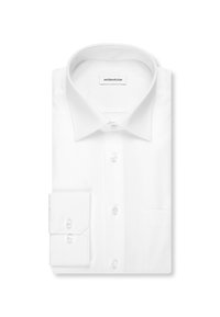 Weißes, langärmeliges Hemd mit klassischem Kragen, durchgehender Knopfleiste und Manschette mit einem Knopf, ordentlich gefaltet.