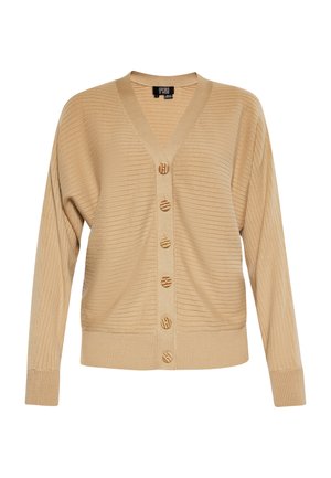 Beige geribde cardigan met V-hals en zes knopen om te sluiten. Lange mouwen en zachte textuur. Opvallende houten knopen verfraaien het ontwerp.
