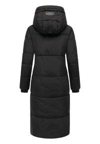 Sort polstret lang frakke med hætte, der har en glat tekstur, elastiske manchetter og en indsnævret talje for en veldefineret silhuet.