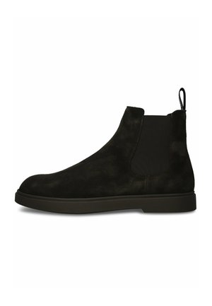 Schwarzer Chelsea-Stiefel aus Wildleder mit elastischen Seiteneinsätzen, Zuglasche hinten und flacher Gummisohle.