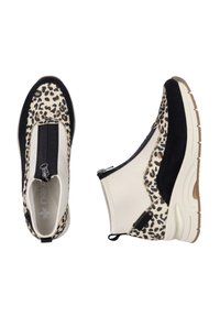 Leopard print slip-on shoes with black and cream accents, featuring a zipper closure and a cushioned sole for comfort.