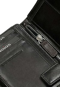 Black leather wallet featuring card slots, zippered compartment, and embossed "RFID Protection" detail. Smooth texture and minimalist design.
