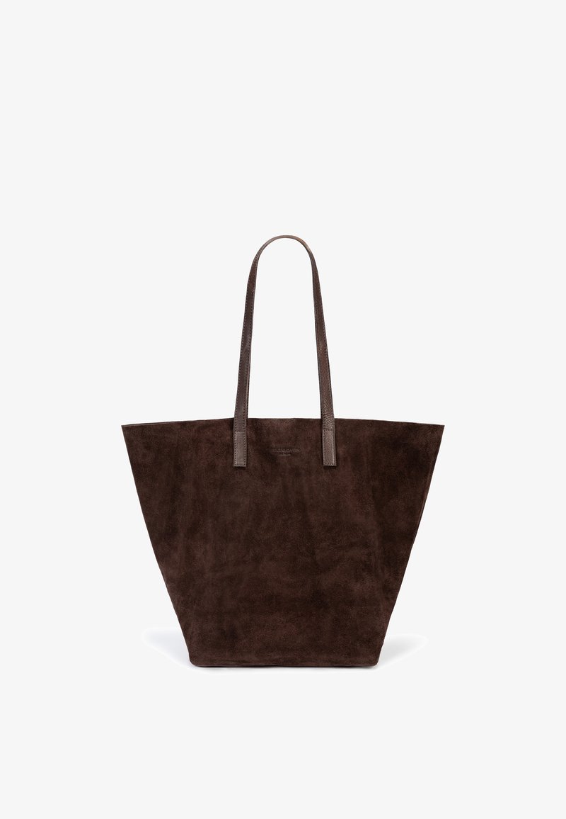 Brown suede tote bag with a wide, open top, long leather handles, and a simple, textured finish. No visible closures or hardware details.