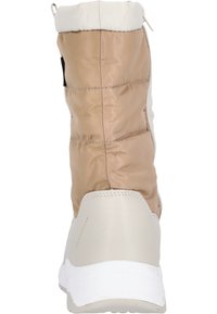 Vadderad ankelstövel i tan-nylon med vit ovandel, som har en tjock vit sula och svarta detaljer, utformad för värme och komfort.