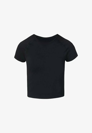 Zwart kort T-shirt met korte mouwen, een ronde halslijn en raglanmouwen, weergegeven op een witte achtergrond.