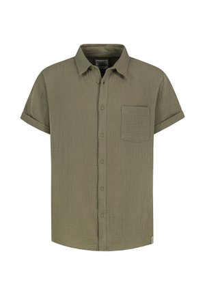 Kurzärmeliges olivgrünes Hemd mit Knopfleiste, Brusttasche und strukturierter Stoffqualität, ausgestattet mit einem klassischen Kragen und aufgerollten Manschetten.