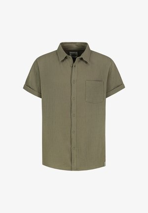 Kurzärmeliges olivgrünes Hemd mit Knopfleiste, Brusttasche und strukturierter Stoffqualität, ausgestattet mit einem klassischen Kragen und aufgerollten Manschetten.
