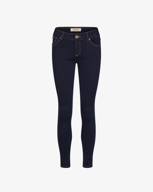 Tynne jeans i mørk blå denim. Har gullsøm og en enkelt knappelukking. Inkluderer frontlommer og en glatt tekstur.