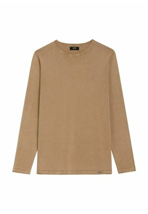 Prosty, beżowy, długi rękaw, koszulka z okrągłym dekoltem i przeszywanym obszyciem, prezentowana na płasko na białym tle.