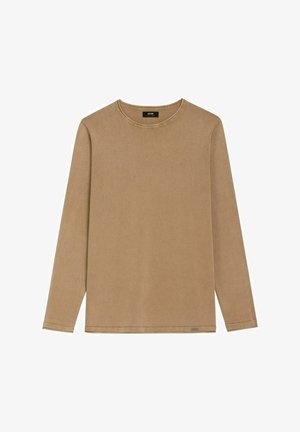 Prosty, beżowy, długi rękaw, koszulka z okrągłym dekoltem i przeszywanym obszyciem, prezentowana na płasko na białym tle.