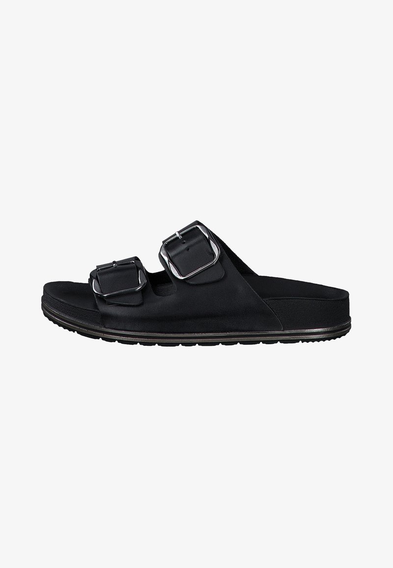 Infradito neri con due cinghie regolabili e fibbie argentate. Realizzati in materiale liscio con una soletta imbottita e suola texturizzata.